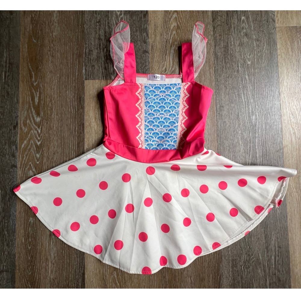 Unbranded Mermaid Polka Dot Dress Kids Size 120 Pink Blue White Mesh Ruffle